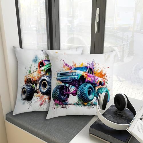 Toddler Freestyle Monster Truck Throw Pillow Cover 20x20 Set of 4, Off-Road Trucks Pillowcase for Sofa Living Room Bedroom Modern Soft Cushion Case Garden Outdoor Patio Furniture Home Decorations - Image 4