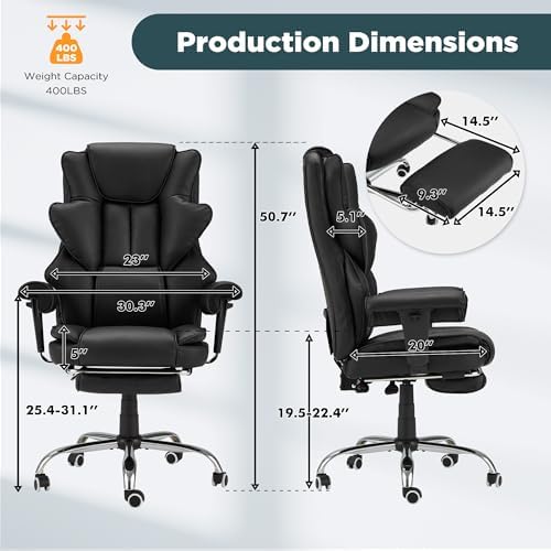 HOMREST Ergonomic Executive Chair with 6-Point Vibration & Heat, Reclining PU Leather Big & Tall Desk Chair, Retractable Footrest & Adjustable Armrest for Home Office Gaming Study, Black - Image 3