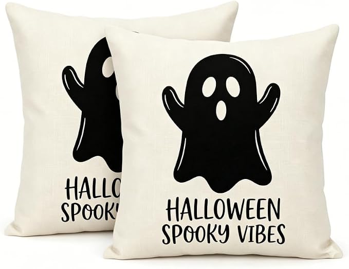 Halloween Ghost Throw Pillow Covers, Linen, 18x18 Inch, Set of 2, Spooky Vibes Design, Square, Machine Washable by Unknown