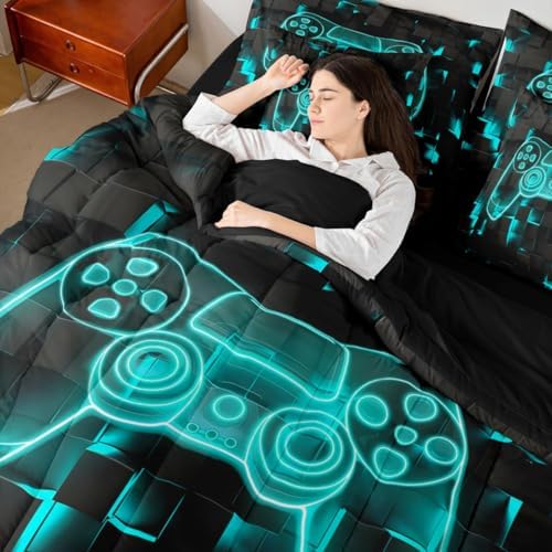 Erosebridal Video Games Bedding Set Queen 7 Piece,Modern Gamer Comforter Set with Sheets | Gamepad Bed in A Bag for Kids Boys Teens Bedroom, Player Gaming Console Bed Sets, Teal Black - Image 7