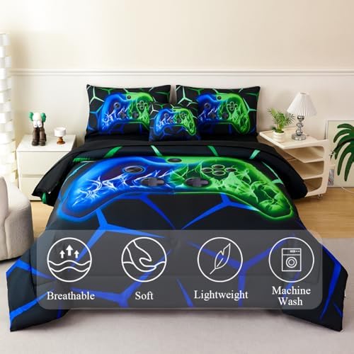 Full Gamer Comforter Set for Kids Blue Green 3D Gaming Bedding Set Teens Boys Gamepad Bed in A Bag Soft Microfiber 6 Pieces Video Game Console Bed Sets with Sheets(Blue Green, Full) - Image 2