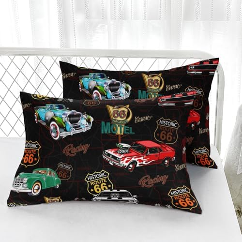 AILONEN Kids Racing Car Fitted Sheet Set for Boys, Teen Queen Size Colorful Vehicle Soft Bed Sheet Set, Speed Bedding, 3-Piece Black Cartoon Fitted Sheet + 2 Pillowcases - Image 4