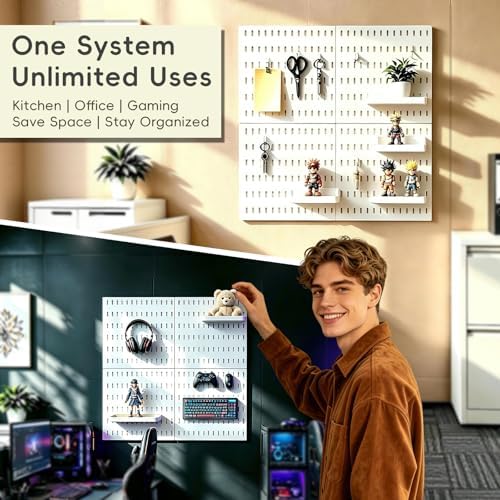 2 Pack 11.8 Inch White Peg Board Wall Organizer, Modular Plastic Wall Mount Storage Panels with Hooks, Heavy Duty Space Saving Pegboard for Home Kitchen Office Craft Room Gaming Setup - Image 6