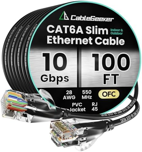 CableGeeker Cat 6A Slim Ethernet Cable 100ft, 10Gbps, Black by CableGeeker