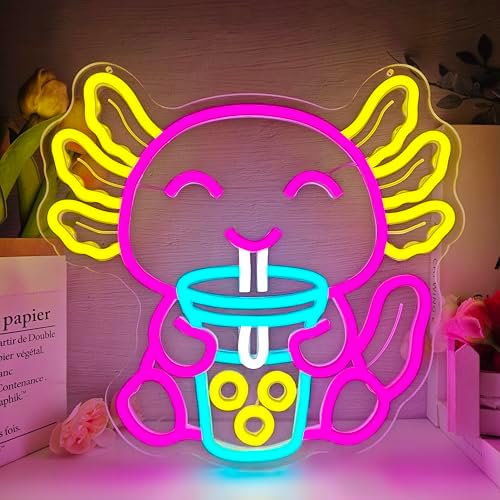 Axolotl Neon Sign Dimmable Cute Axolotls Drinking Boba Tea Neon Light Sign Cartoon Anime Led Lights Axolotl Party Decorations Birthday Gifts for Girls Boys by hhuohuona