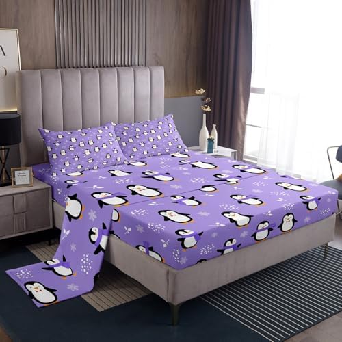 Penguin Bed Sheets Full Size Kawaii Penguin Sheet Set Antarctic Animal Fitted Sheet for Kids Boys Girls Teens Cartoon Cute Winter Theme Bedding Set Snowflake Pattern Flat Sheet Room Decor, Purple by Erosebridal