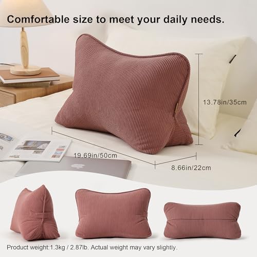 Pat. Pend. Corduroy Back Pillow for Sitting Up & Reading, Ergonomic Triangle Lumbar Support Cushion for Sofa, Armchair & Bed, Removable Cover, Brick Brown - Image 3