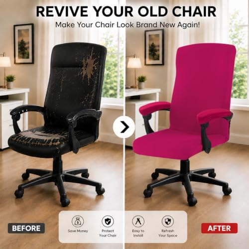 Stretch Computer Office Chair Cover with Armrest Covers Durable Zipper Universal Washable Removable Spandex Rotating Boss Chair Slipcovers Anti-dust Soft Desk Chair Seat Protector, Hot Pink - Image 2