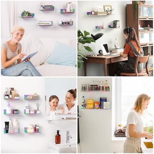 Sezanrpt 9 Inch Iridescent Wall Shelves, Acrylic Small Floating Shelf, Home Wall Display Shelf for Storage, Room Décor, Space Saving, Items Organizer, Bathroom Organizer, 4 Pack - Image 6
