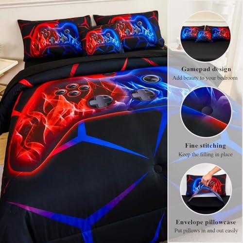 Boys Twin Comforter Set Gaming Bedding Set for Kids Teens Soft Microfiber 6 Pieces Gamer Bed in A Bag Set Red and Blue Geometric Gamepad Bedding Set for All Season(Red Blue, Twin) - Image 5