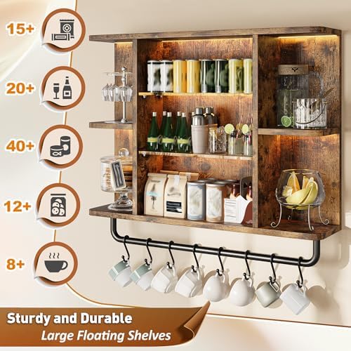 REIBII Floating Shelves with LED Lights, 7-Tier Wood Shelf, Wall Mounted Display Shelves with 8 S-Hooks, Wall Shelf for Kitchen, Bedroom, Bathroom, Office, Plants, Rustic Brown - Image 6
