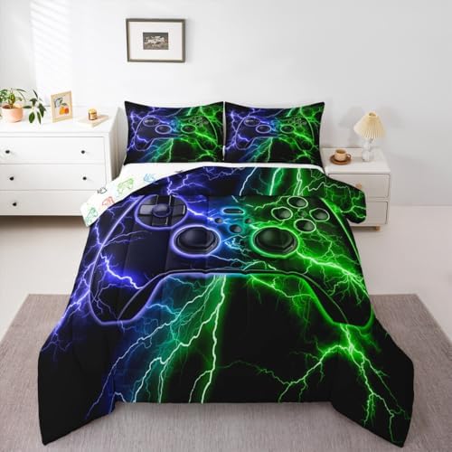 Gamer Comforter Set Gaming Full Size Bedding Sets, Game Boy Games Comforter Blue Green Lightning Bed Set,Kids Room Decor - Image 6