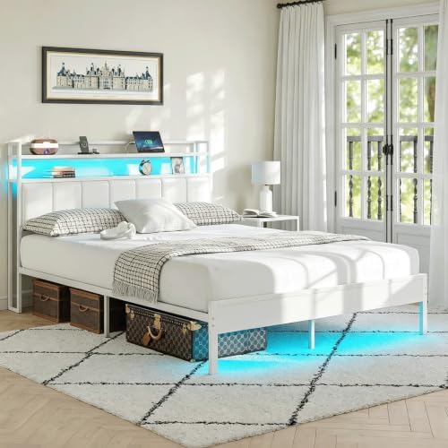 Queen Size Bed Frame with Upholstered Headboard and 2-Tier Storage Shelves - Image 3