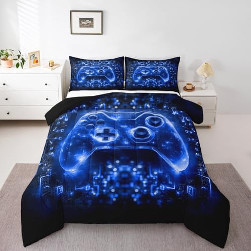 Feelyou Kids Boys Gamer Bedding Set Queen Size Video Game Gamepad Comforter for Boys Teens Blue Black Game Gaming Comforter Set Soft Microfiber - Image 6