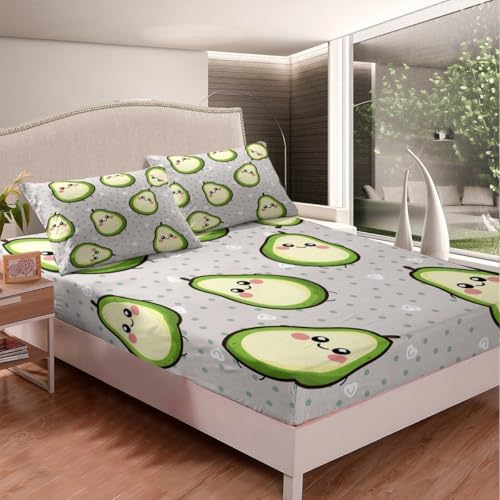 Erosebridal Kids Avocado Sheet Set - Green & Yellow Kawaii Avocado Decor, Full Size - 1 Fitted Sheet, 2 Pillowcases - Image 3
