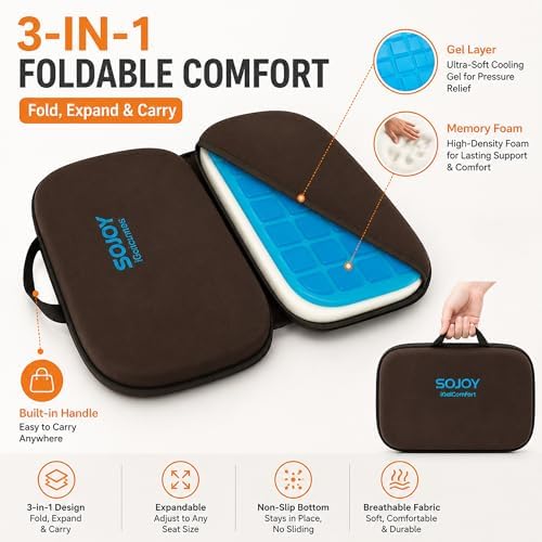 Sojoy 3-in-1 Foldable Gel Seat Cushion with Memory Foam Ergonomic Portable Cushion for Back Pain & Tailbone Relief - Perfect for Office Chair, Airplane Travel & Stadium Seats (18.5" x 15" x 2" Brown) - Image 2