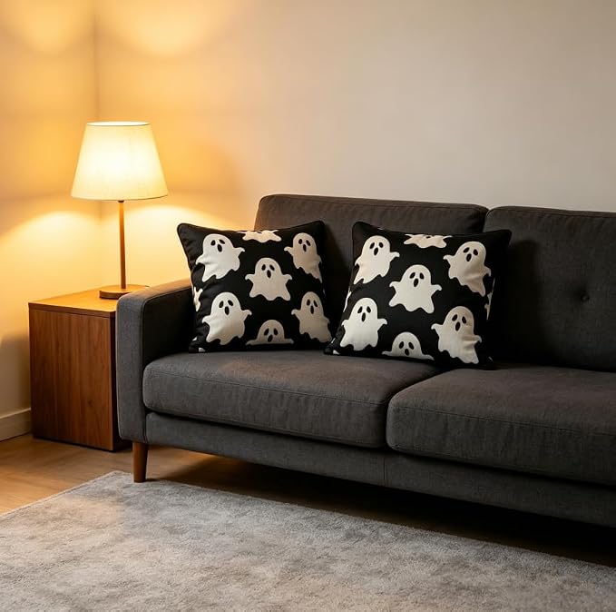 Halloween Ghost Throw Pillow Covers, Black, Linen, 18x18 Inch, Set of 2, Machine Washable, Living Room Decor - Image 4