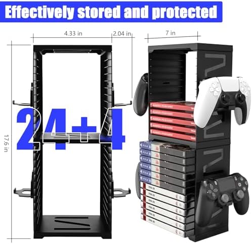 SIKEMAY Game Storage Tower for PS5/PS4/Xbox Series S & X - Universal Video Game Disc Organizer with 24 PCS Holders, 4 Controller Slots & Stand Rack Accessories - Black - Image 2
