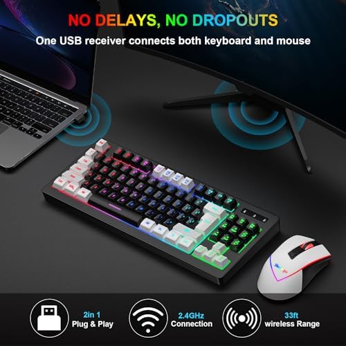 BlueFinger Wireless Gaming Keyboard and Mouse Combo, RGB Rainbow Backlit Rechargeable Battery, 87 Keys TKL Light Up Keyboard with Ergonomic Gaming Mouse for Mac Laptop Computer PC Gamer(White & Black) - Image 5