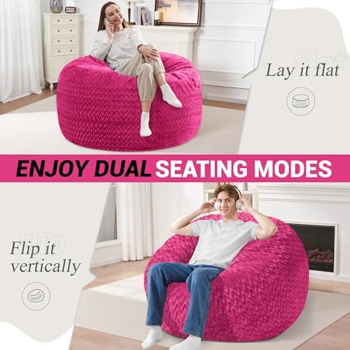 HABUTWAY 3FT Bean Bag Chair,Giant Bean Bag Chairs for Adults,Big Bean Bags with Memory Foam Filled, Large Beanbag Chairs with Chevron Plush Cover-Pink - Image 2