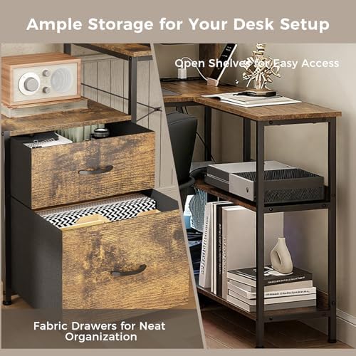 GTPLAYER 73" L Shaped Gaming Desk, Reversible Computer Desk with Power Outlets & LED Lights, Home Office Corner Desk with Storage Shelves, Monitor Stand, and Tower Space, Vintage Brown - Image 4