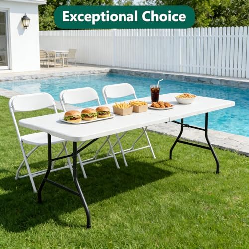 6FT Folding Table, Heavy Duty Plastic Fold-in-Half Utility Table with Handle, Portable Camping Picnic Table with Steel Legs for Indoor Outdoor Party, Dining, White,2 Pack - Image 3