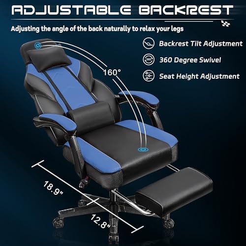 Gaming Chair for Adults, Video Game Chair with Footrest, Big and Tall Gaming Chair Heavy Duty Computer Chair with Massage Lumbar, Ergonomic Adjustable Height and 360° Swivel Seat, PU Leather, Blue - Image 5