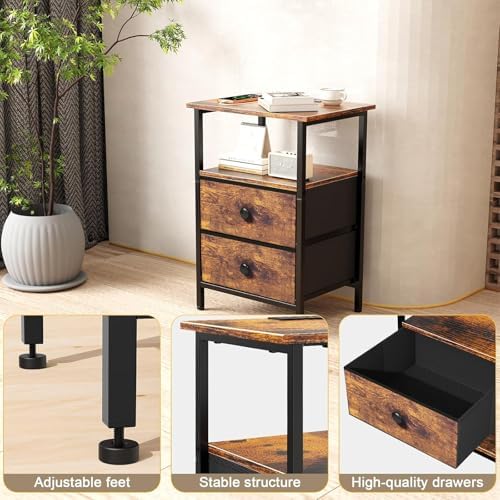Nightstand with Charging Station, Bedside End Table with 2 Fabric Drawers for Bedroom, Side Table with USB Ports and Outlets, Rustic Brown - Image 5