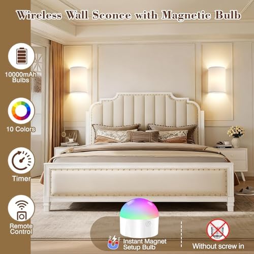 Battery Operated Wall Sconce Set of Two: 10000mAh Wireless Wall Light with Rechargeable Magnetic Bulb - Dimmable Wall Lamp with 7 RGB Colors - Linen Shade Sconces with Remote for Bedroom Living Room - Image 2