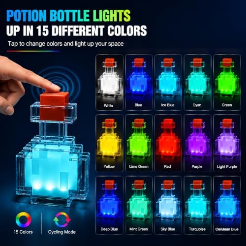 Pixel Style Potion Bottle Lamp 15 Color, Interactive RGB Night Light with Shake Activated Color Changing, USB Rechargeable Magic Potion LED Desk Lamp for Room Decor, Kids Boys Gaming Fans Gifts - Image 3