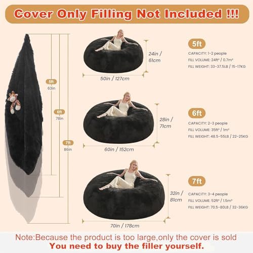 Bean Bag Cover (No Filler), Faux Fur Beanbag Chairs Covers Only, Stuffed Animal Storage Bean Bag, Giant Washable Beanbag Cover Without Filling, 7FT, Black - Image 2