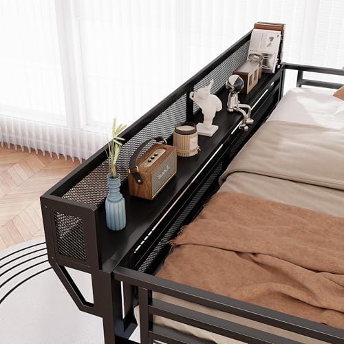 KEIKI Queen Size Metal Loft Bed Frame with Grid & Staircase & Built-in Storage Shelves & Wardrobe, Loft Bed with Solid Slats & Guardrail, No Box Spring Required, Easy Assembly, for Bedroom, Black - Image 5