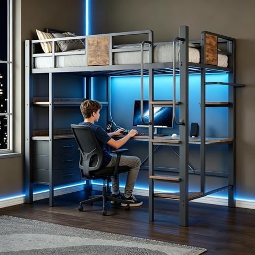 Garvee Twin Loft Bed with Desk and Stairs, Heavy Duty Loft Bed with RGB LED Lights, Charging Station, 3 Fabric Storage Drawers & 2 Open Shelves, No Box Spring Needed-Matte Black - Image 7