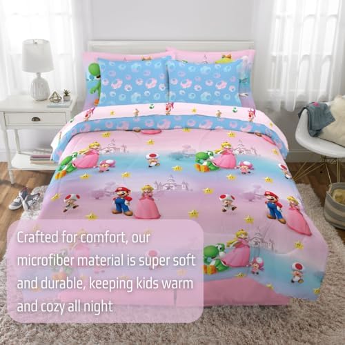 Super Mario Girl Princess Peach Girl Gamer Kids Bedding Super Soft & Cozy Reversible Microfiber Comforter and Sheet Set with Sham, 7 Piece Full Size, (Officially Licensed Product) By Franco - Image 4