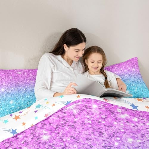 Colorful Glitter Bedding Twin Girly Turquoise Teal Blue Pink Pastel Girls Comforter Set 2 Pcs Trendy Quilt Duvet for Kid Women Down Comforter with Sparkle Sequin Pattern Bling Bedroom Decor Bed Cover - Image 5