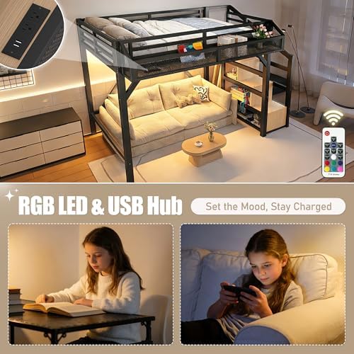 Bellemave Twin XL Loft Bed Frame with Storage Stairs, Beside Shelf & Wardrobe, Metal Loft Bed Twin XL with USB Ports & LED Light, Large Under-Bed Space Loft Beds for Adults, Teens, Kids, Black Natural - Image 5