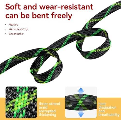 Braided Cable Sleeve, 16.4ft Expandable Mesh Cable Management Sleeve, Wear-Resistant Cord Protectors from Pets No Chew Flexible Wire Sleeving for Audio Video (Black and Green, 5/8") - Image 3