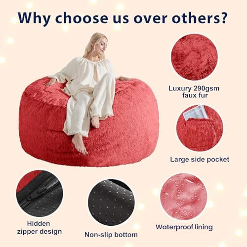 Bean Bag Cover (No Filler) - Faux Fur Beanbag Chairs Covers Only, Stuffed Animal Storage Bean Bag for Adults, Large Washable Beanbag Cover Without Filling, 5FT, Red - Image 5