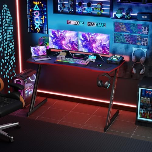 BestOffice Gaming Desk Z Shaped 47 inch PC Computer Desk Computer Workstation Ergonomic Gaming Table with Headphone Hook for Game Players, Black&Red - Image 2