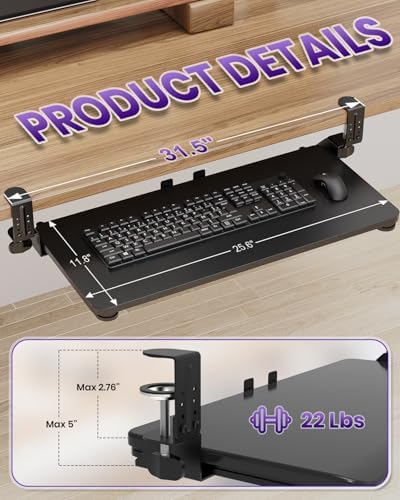 Ergonomic Keyboard Tray Under Desk, 25.6x11.8 Inch Board, Black - Image 2