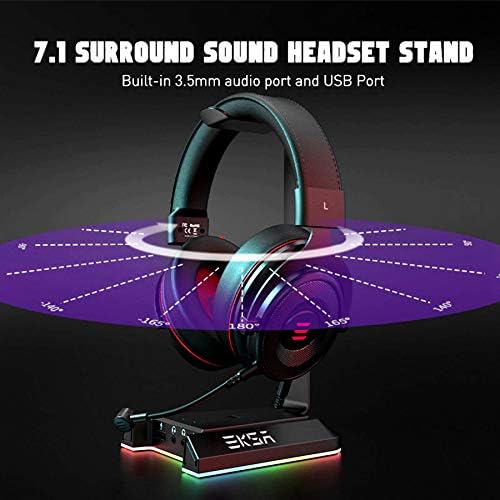 EKSA Headphone Stand, RGB Gaming Headset Stand for Desk with 7.1 Surround Sound, Headphone Holder with 3.5mm Aux and 2 USB Ports, Aluminum PC Gamer Headset Accessories for All Headphones Size - Image 2