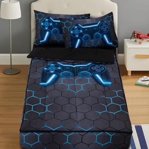 A Nice Night Zipper Bedding Game Console with 3D Geometric Gamepad Gaming Printed Zippered Kids Comforter Set,Twin,Blue by ANICENIGHT