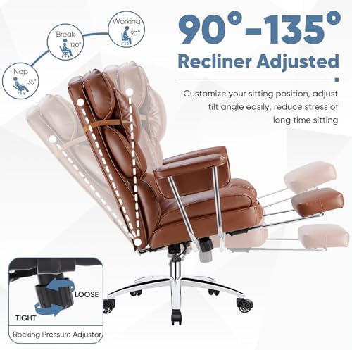 DUMOS Ergonomic Home Office Desk Chair, Executive Chair, PU Leather | Big Tall High Back, Lumbar Support, Reclining Height Adjustable, Computer Gaming, Footrest Swivel Wheels, Brown - Image 5