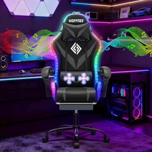 LED Gaming Chair with Speakers RGB Lights Massage Computer Chairs-Grey | Bluetooth Game Chairs for Adults;Ergonomic High Back Video Game Chair; Reclining Gamer Chair with Footrest Lumbar Support by HOFFREEOfficial