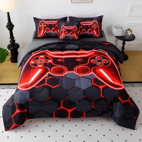 JQinHome Full Size Gaming Bedding Set 6-Piece Comforter for Boys Teens - 3D Video Game Print Bed in a Bag with Sheets, Red Cool Black Design (Full) by JQinHome