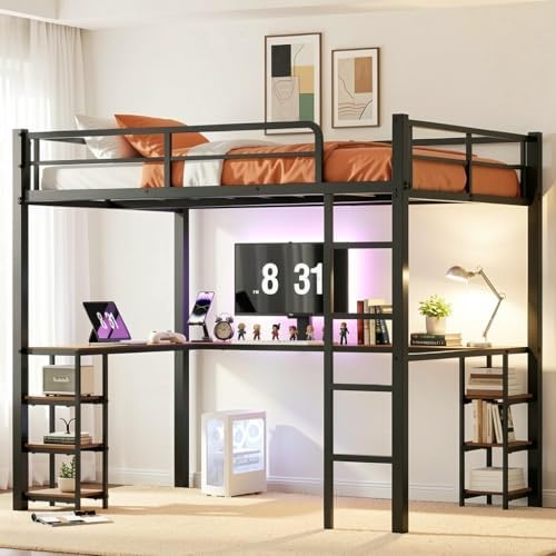 Full Loft Bed with Desk & Shelves for Teens/Adults, Guardrails, Ladder by Mixcous