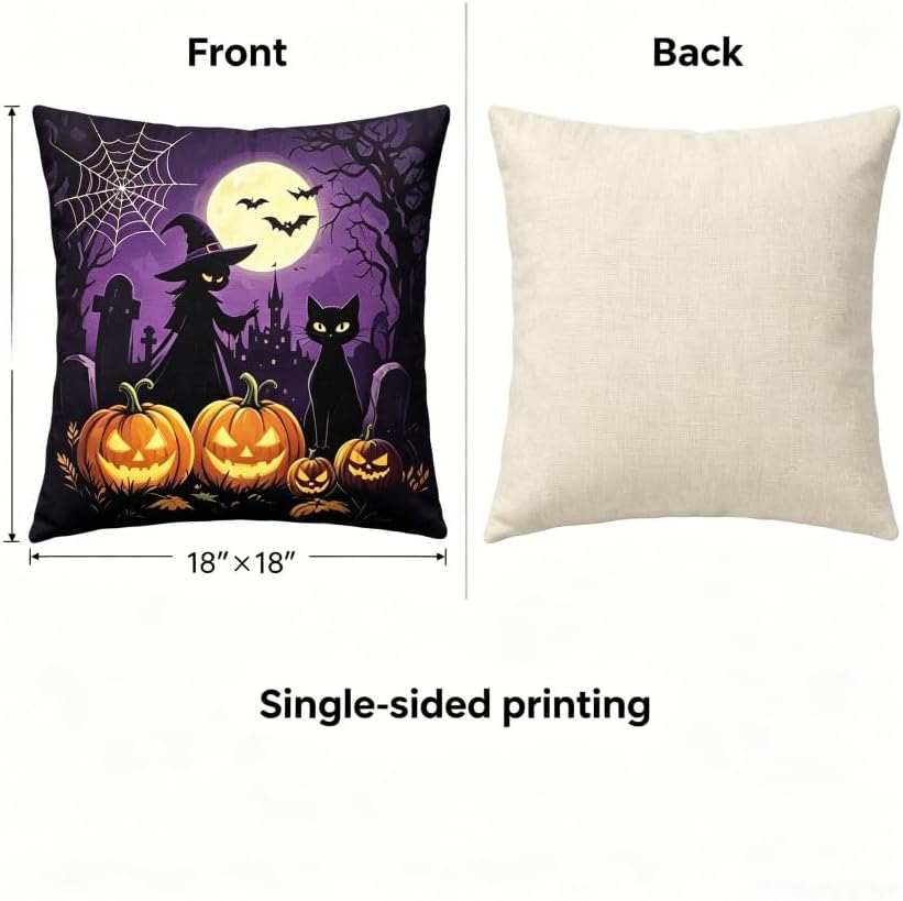 Halloween Throw Pillow Covers, Witch Pumpkin Bat Spider Web, Linen, 18x18 Inch, Set of 2, Machine Washable - Image 5