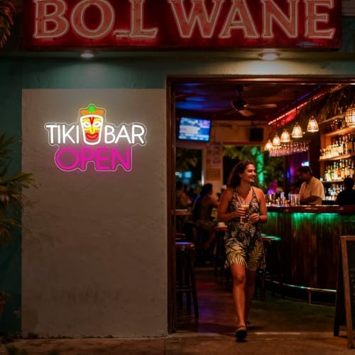 Tiki Bar Neon Sign, Tiki Bar Led Light Signs for Wall Decor Open Hawaii Tropical Luau Party Decorations for Pub Bistro Night Club Home Man Cave Dimmable USB Powered Pink(16.9"*11.4") - Image 6
