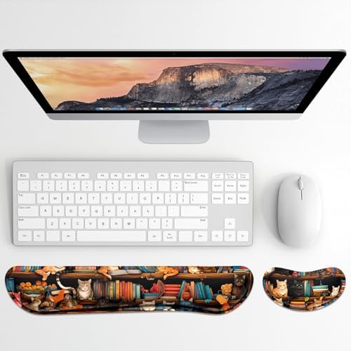 Dapesuom Enlarge Keyboard Wrist Rest, Memory Foam Wrist Cushion for Desk Mats Support, Cute Typing Pain Relief Keyboard Mouse Pad Rests Set with Non-Slip Base for Gaming Laptop Computer, Library Cats - Image 2