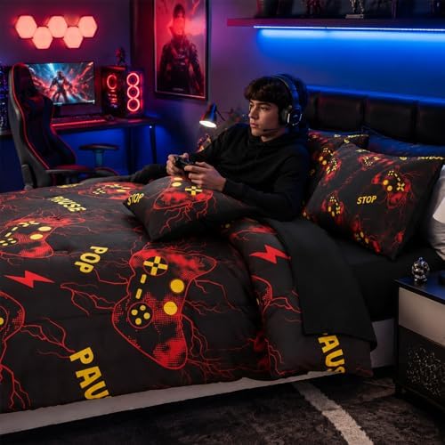 ZRNBAST Gamer Comforter Set Full Size, Red Gaming Bedding Set for Boys, Lightning Game Console Microfiber Bed Sets, 6 Pieces Teen Game Gamepad Bed in a Bag (Red,Full) - Image 7